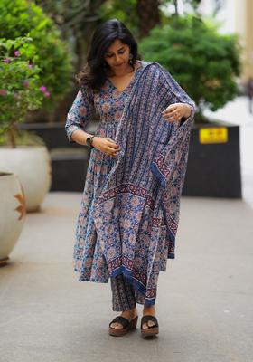 Navy Blue Printed Viscose Anarkali Set
