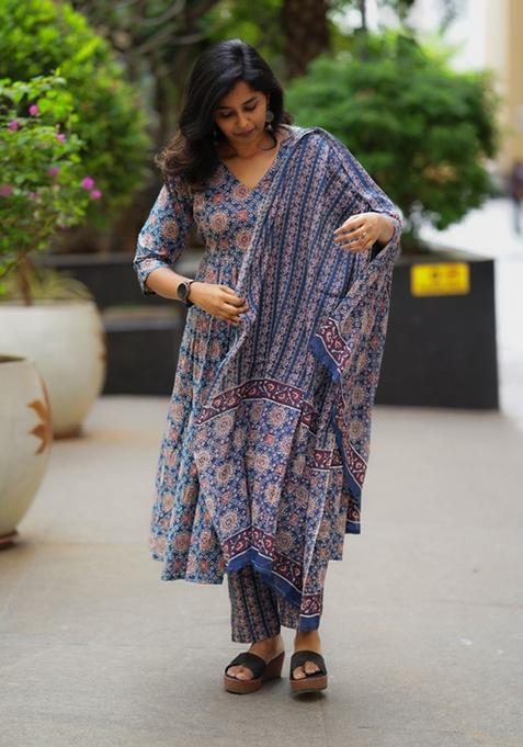 Navy Blue Printed Viscose Anarkali Set