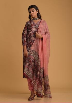 Maroon Printed Viscose Straight Kurta Set