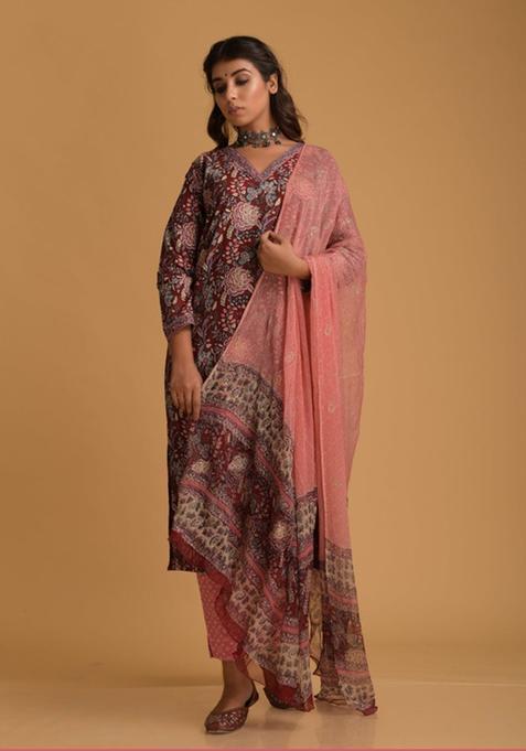 Maroon Printed Viscose Straight Kurta Set