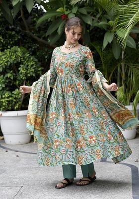 Aqua Green Floral Print Viscose Anarkali Set