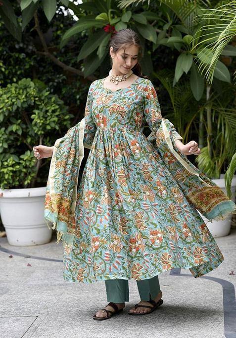 Aqua Green Floral Print Viscose Anarkali Set
