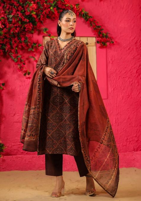 Rust Printed Viscose Straight Kurta Set