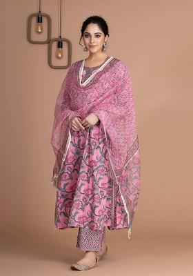 Pink Printed Viscose A Line Kurta Set