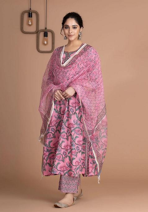 Pink Printed Viscose A Line Kurta Set
