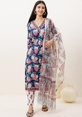 Navy Blue Floral Print Viscose Straight Kurta Set