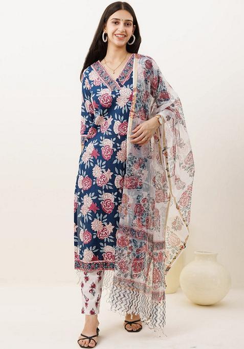 Navy Blue Floral Print Viscose Straight Kurta Set
