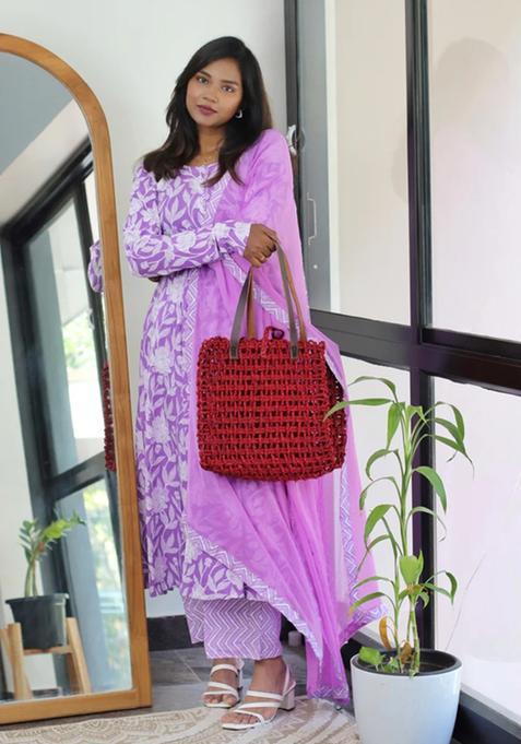 Lavender Printed Viscose Straight Kurta Set