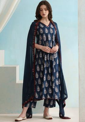 Navy Blue Printed Viscose A Line Kurta Set