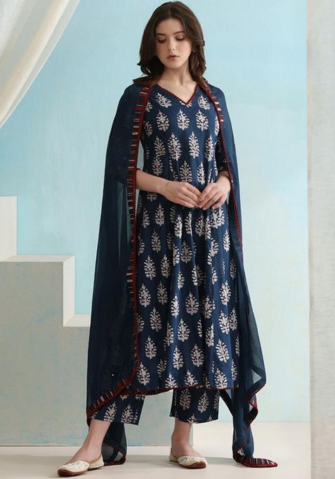 Navy Blue Printed Viscose A Line Kurta Set