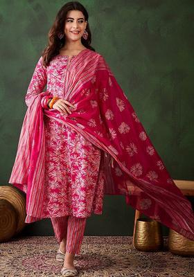 Pink Printed Viscose Straight Kurta Set