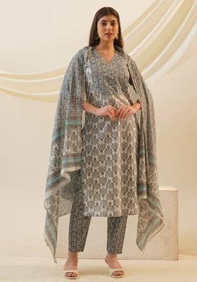 Grey Printed Viscose Straight Kurta Set