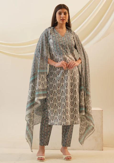 Grey Printed Viscose Straight Kurta Set