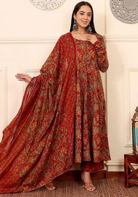 Red Printed Viscose Anarkali Set