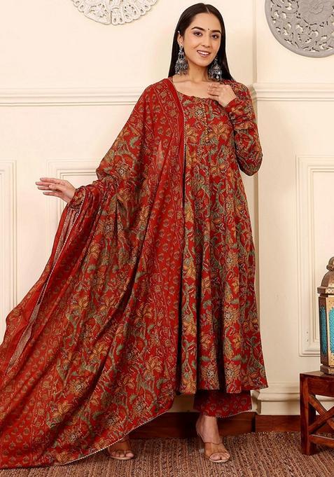 Red Printed Viscose Anarkali Set