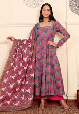 Multicolor Floral Print Viscose Anarkali Set