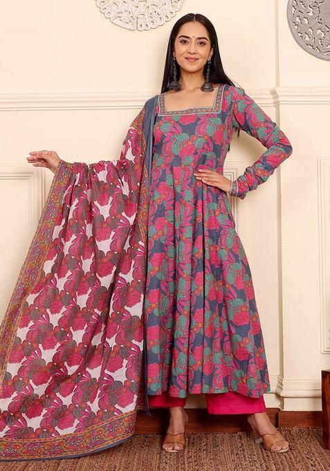 Multicolor Floral Print Viscose Anarkali Set