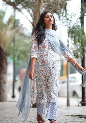 White Floral Print Viscose Straight Kurta Set