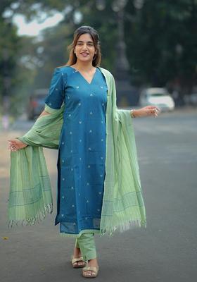 Teal Blue Embroidered Viscose Straight Kurta Set