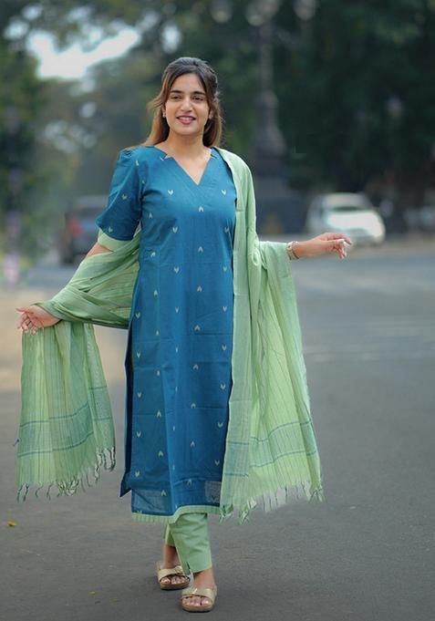 Teal Blue Embroidered Viscose Straight Kurta Set