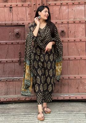 Black Printed Viscose Straight Kurta Set