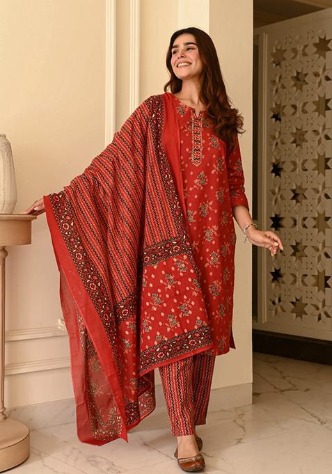 Red Printed Viscose Pakistani Suit Set