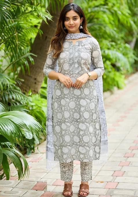 Grey Printed Viscose Straight Kurta Set