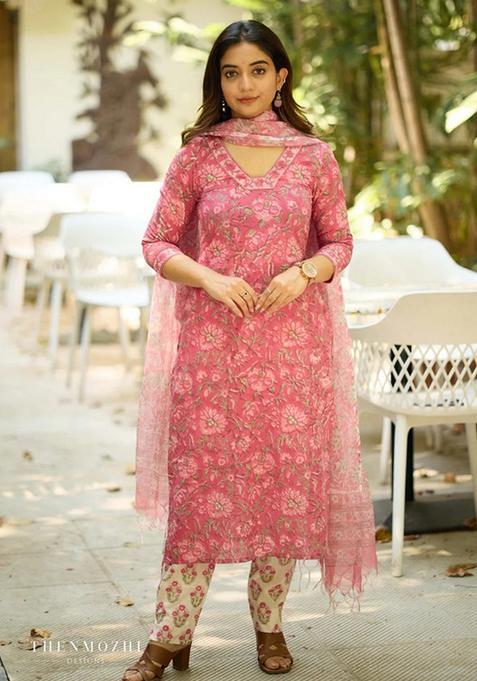 Pink Floral Print Viscose Straight Kurta Set