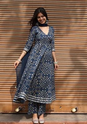 Blue Printed Viscose Anarkali Set