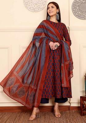 Navy Blue Printed Viscose A Line Kurta Set