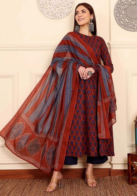 Navy Blue Printed Viscose A Line Kurta Set