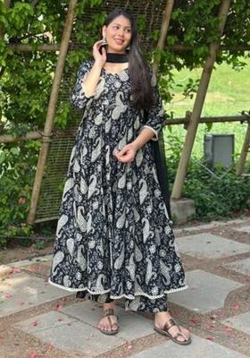 Black Printed Viscose Anarkali Set