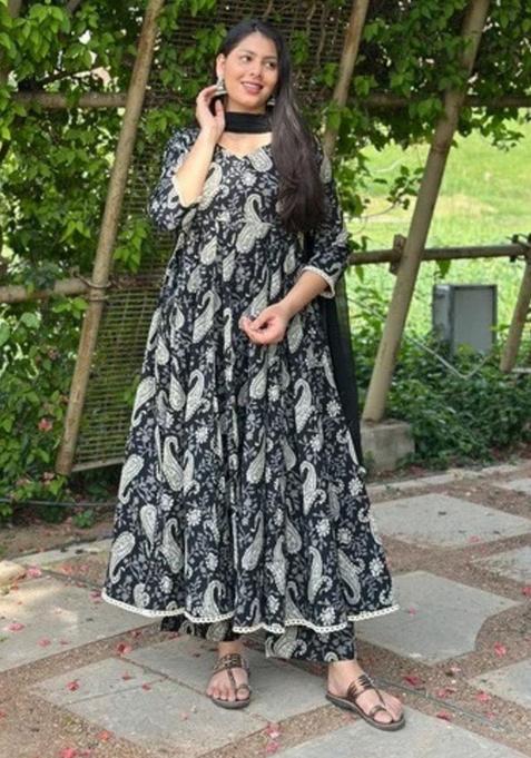 Black Printed Viscose Anarkali Set