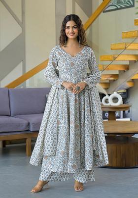 Off White Printed Viscose Anarkali Set