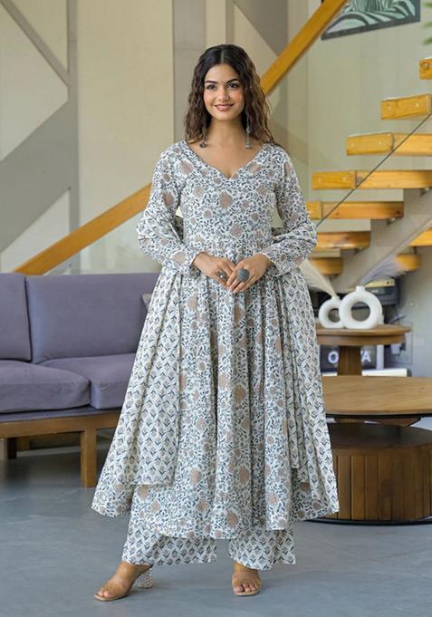 Off White Printed Viscose Anarkali Set