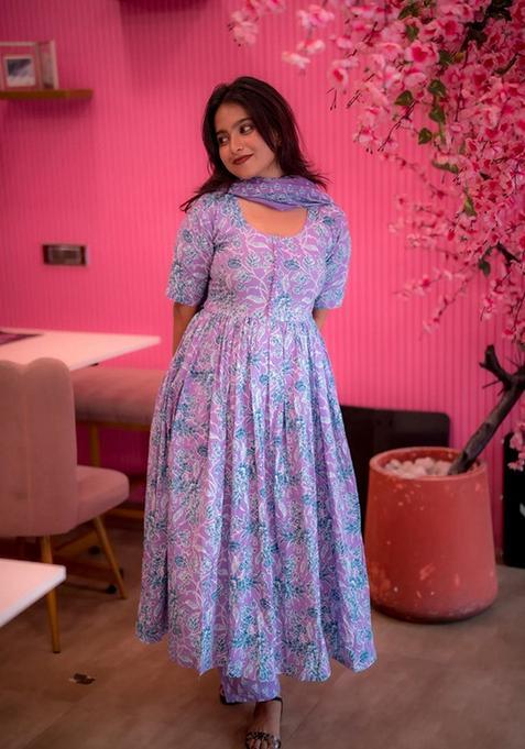 Lavender Printed Viscose Anarkali Set