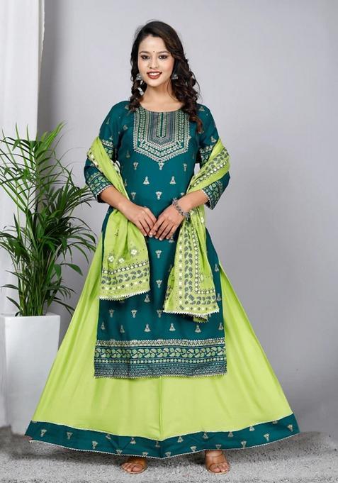 Green Printed Rayon Sharara Set