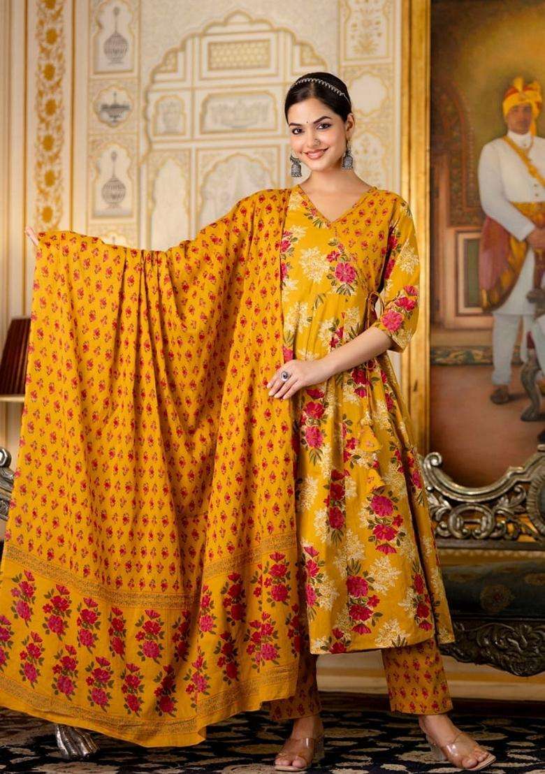 Yellow Floral Print Cotton Anarkali Set - Indya