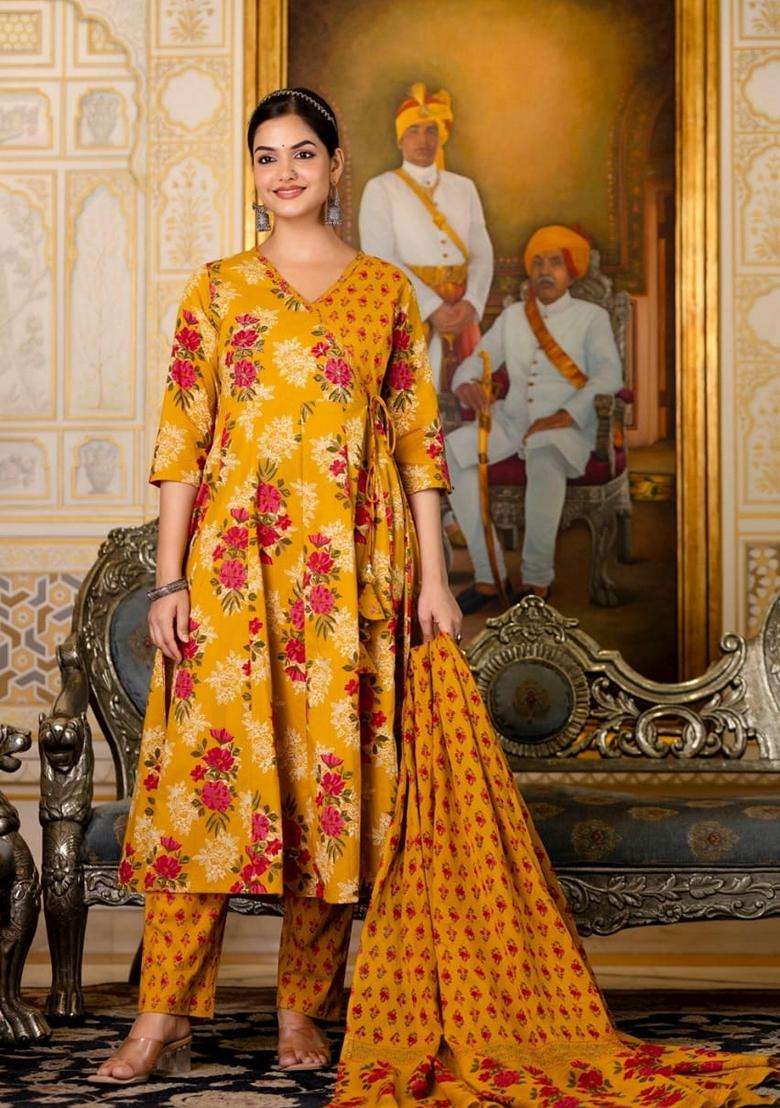 Yellow Floral Print Cotton Anarkali Set - Indya
