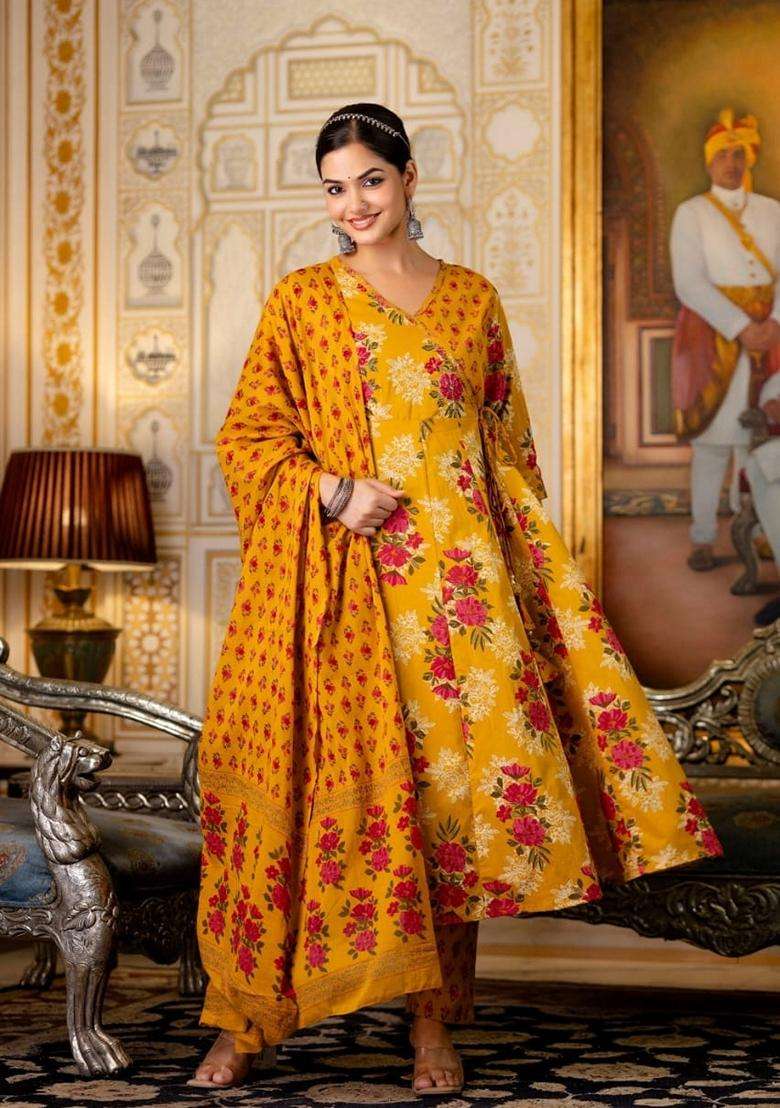 Yellow Floral Print Cotton Anarkali Set - Indya