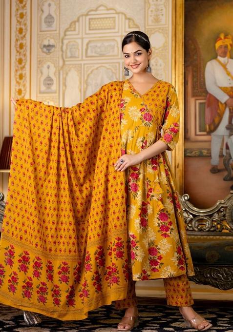 Yellow Floral Print Cotton Anarkali Set