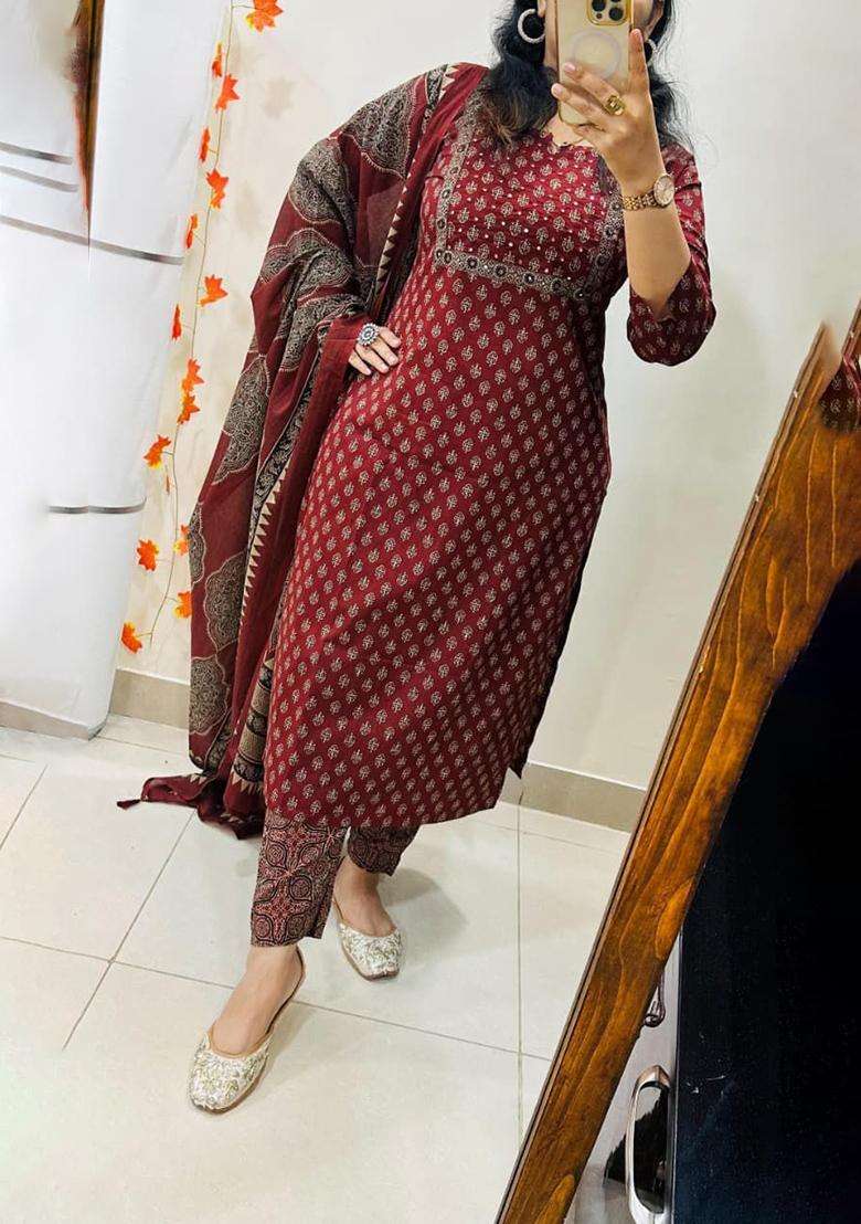 Red Printed Cotton Straight Kurta Set - Indya