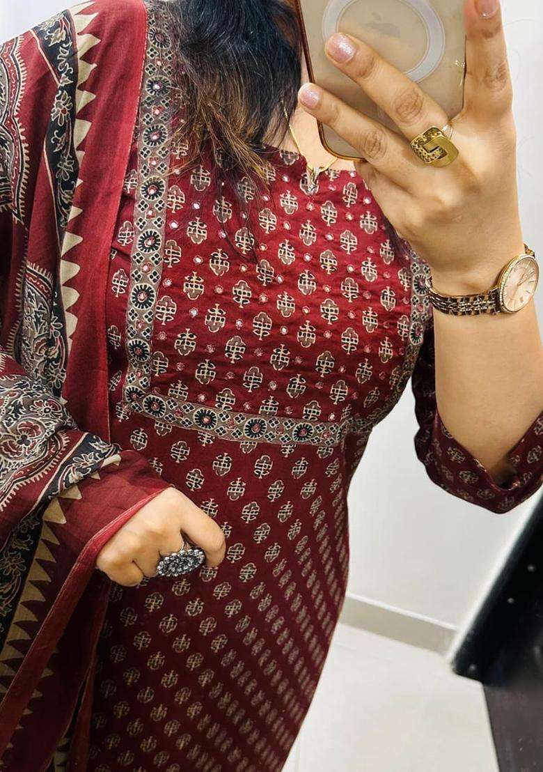 Red Printed Cotton Straight Kurta Set - Indya