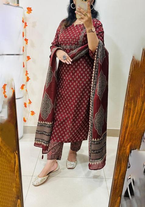 Red Printed Cotton Straight Kurta Set