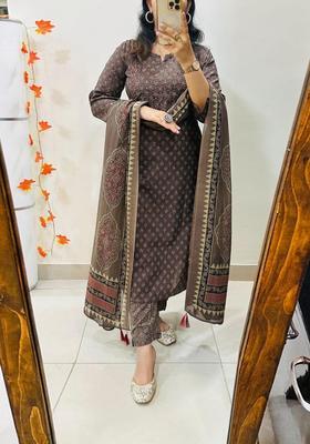 Brown Printed Cotton Straight Kurta Set