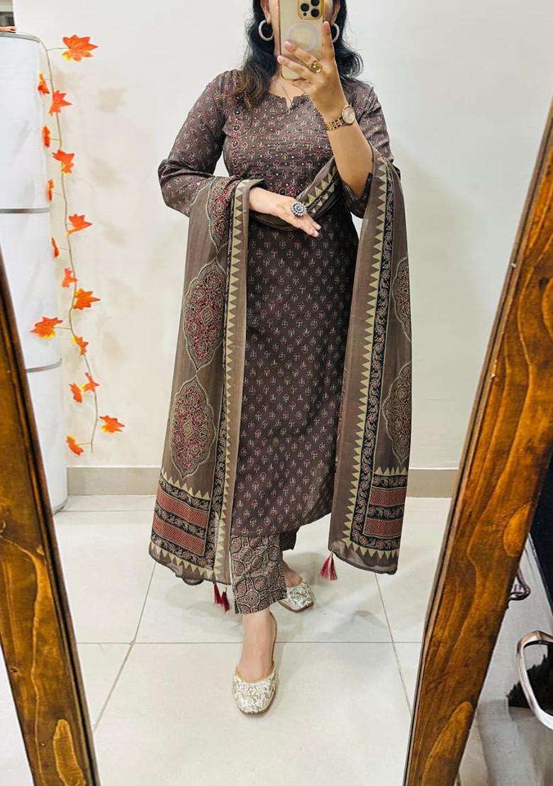 Brown Printed Cotton Straight Kurta Set - Indya