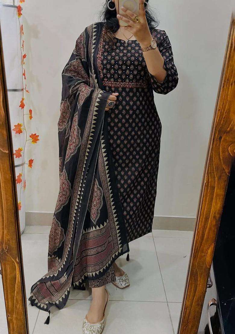 Brown Printed Cotton Straight Kurta Set - Indya