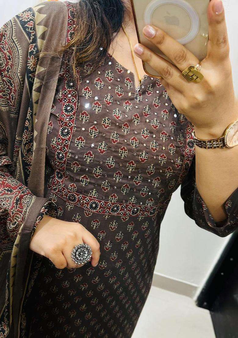 Brown Printed Cotton Straight Kurta Set - Indya