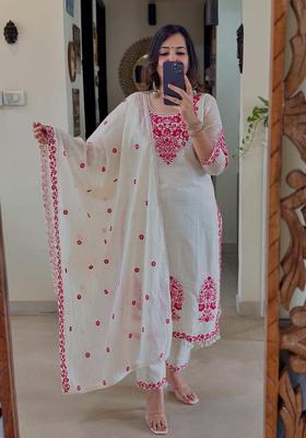 White Embroidered Cotton Straight Kurta Set