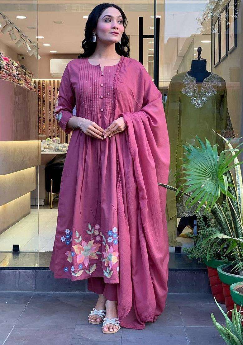Lilac Embroidered Cotton Anarkali Set - Indya